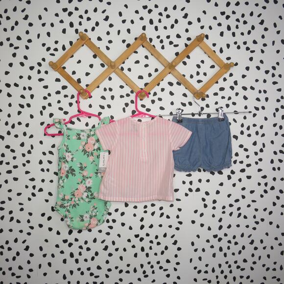 Carter’s Pink Striped and Green Floral 3 Pack Baby Outfit Set - Picture 3 of 6